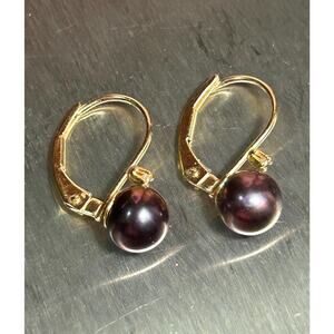 14K Yellow Gold Peacock Black Pearl & Diamond Drop leverback hook Earrings